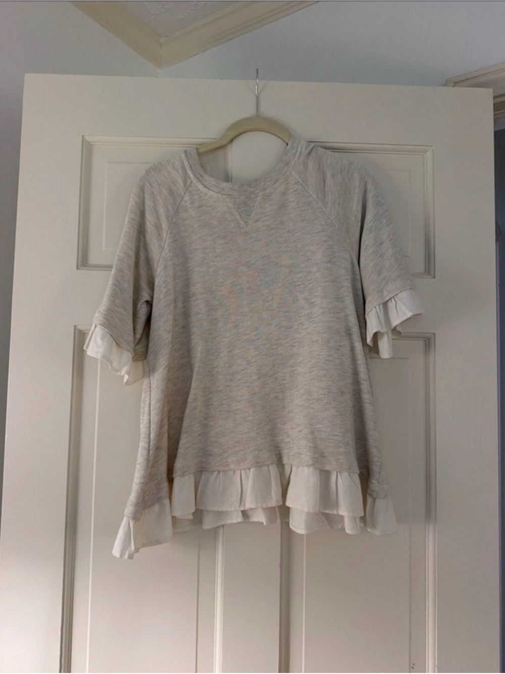 Anthropologie Light Gray Ruffle-Hem Short Sleeve Blouse